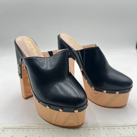 XYD Black Round Toe Mules High Chunky Heeled Sandals Slip On Platform Shoes - Picture 4 of 8